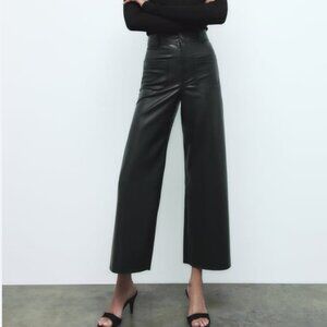 ZARA Marine Faux Leather Women Pants 0 Black High Rise Pockets Wide Straight Leg